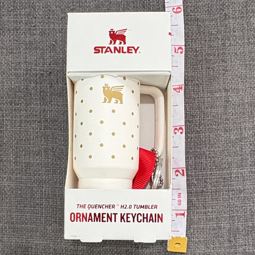 Stanley White Ornament Keychain Tumbler with Gold Polka Dots and Red Strap